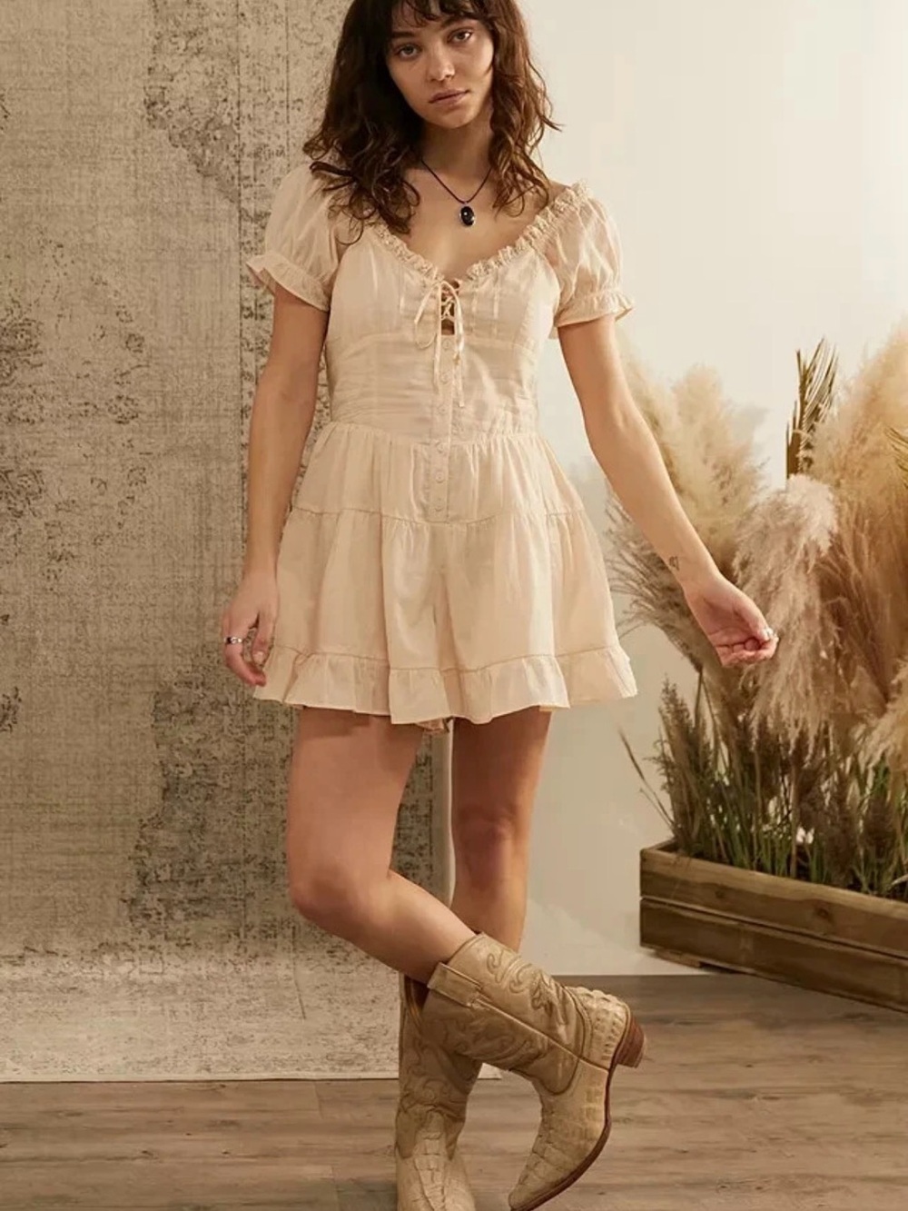 Urban Outfitters Peach Puff Sleeve Romper Lace Trim Coquette Fairycore Size Sm